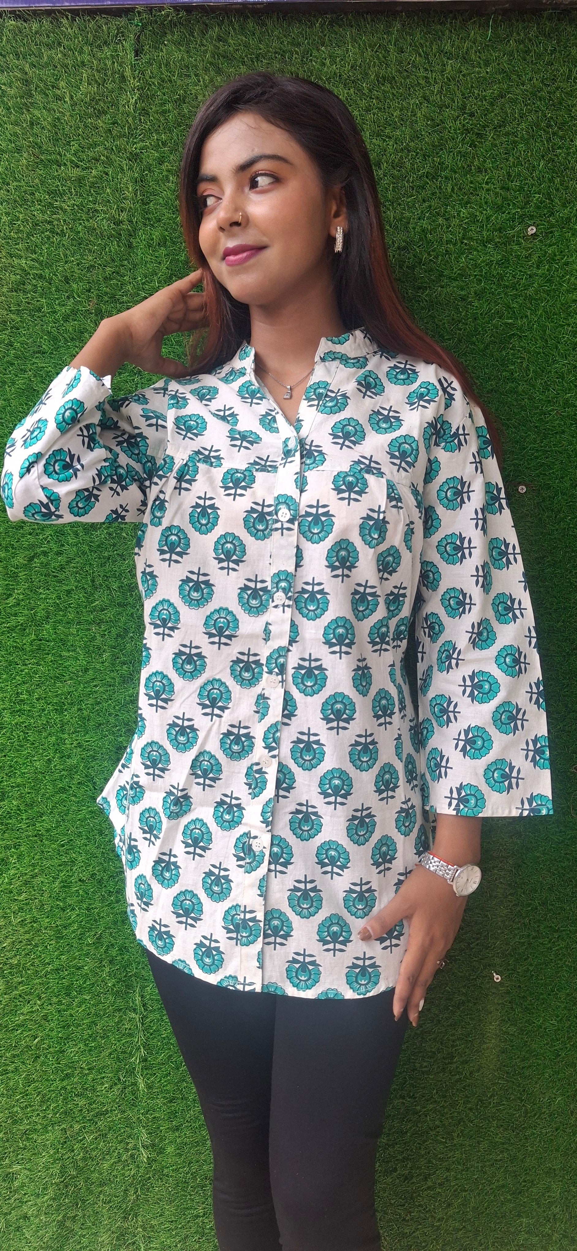 White and Sea Green Printed Shirt Cotton shirt