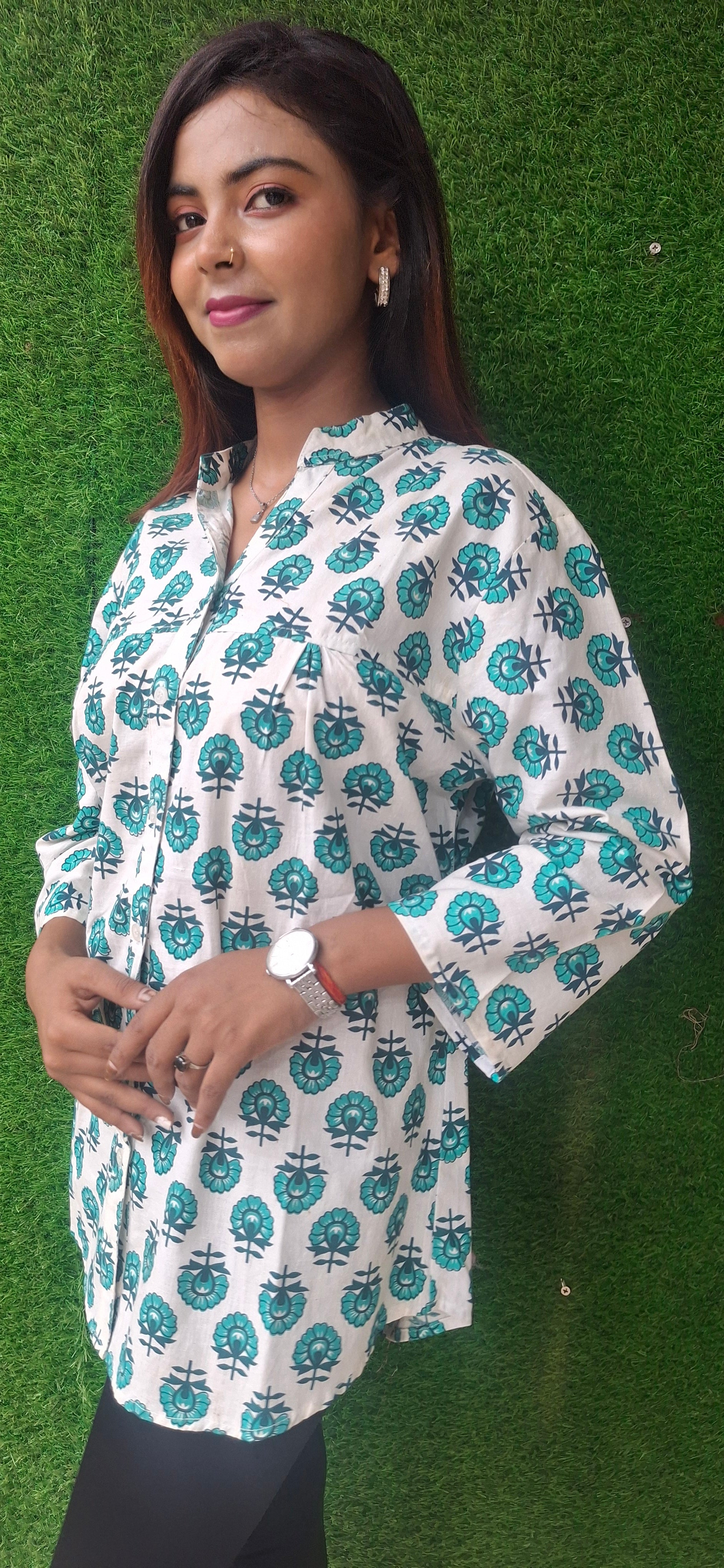White and Sea Green Printed Shirt Cotton shirt