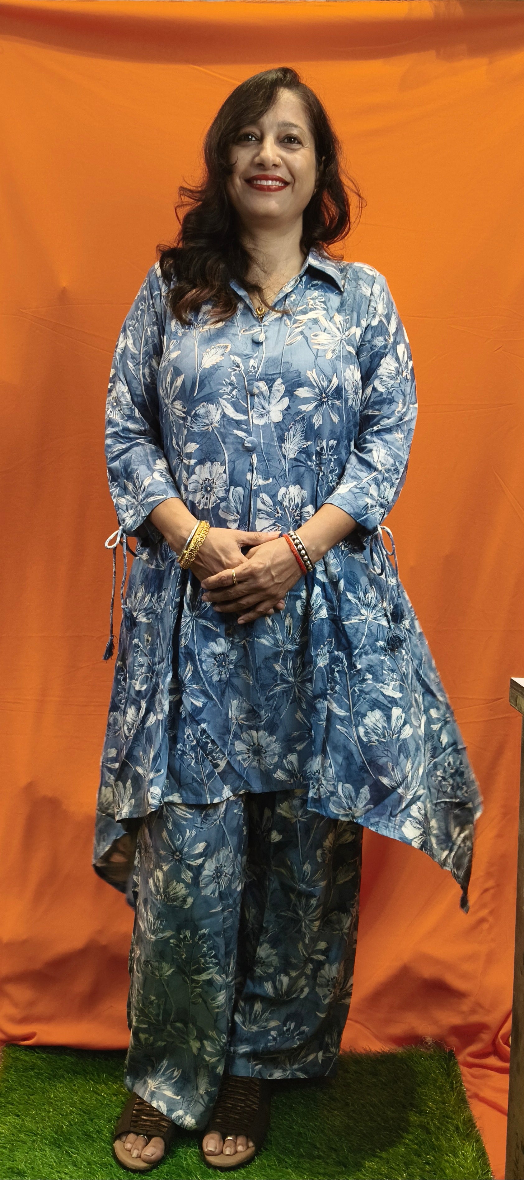 Blue and white co-ord set with buttons