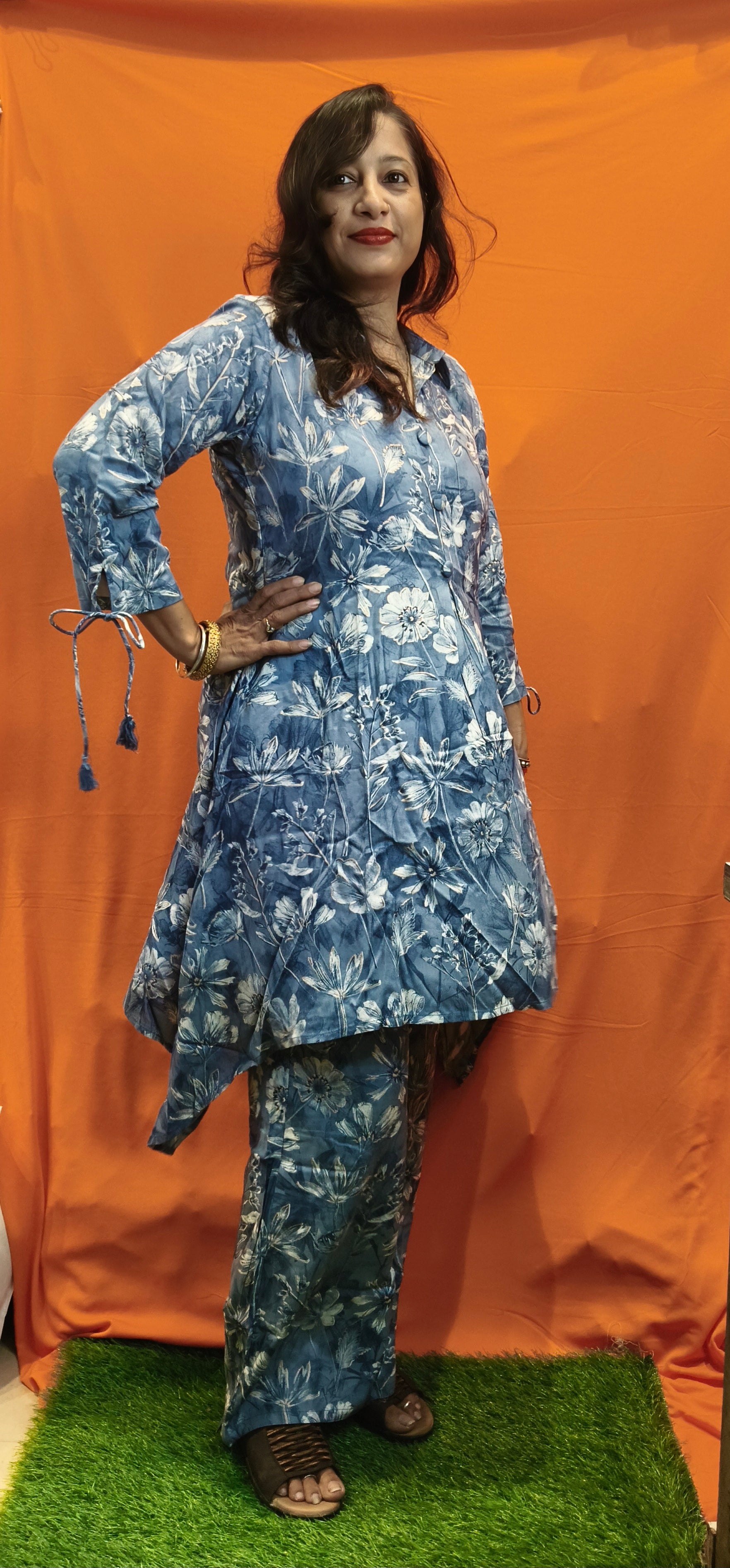 Blue and white co-ord set with buttons