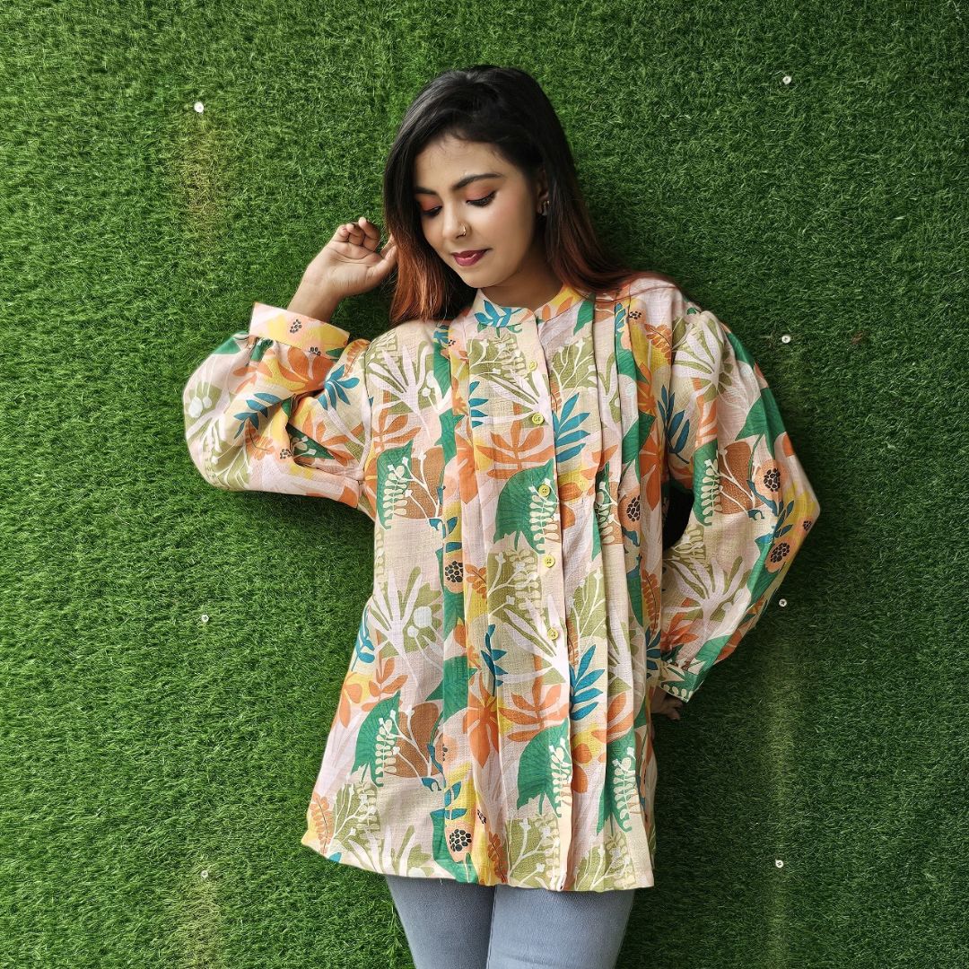 Chinese Collar Shirt,very attractive shirt, leaf printed, hand stitching........