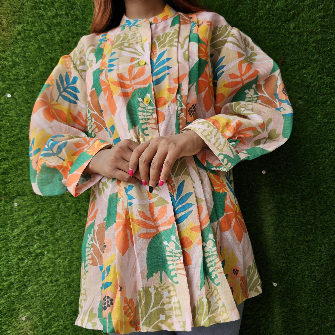 Chinese Collar Shirt,very attractive shirt, leaf printed, hand stitching........