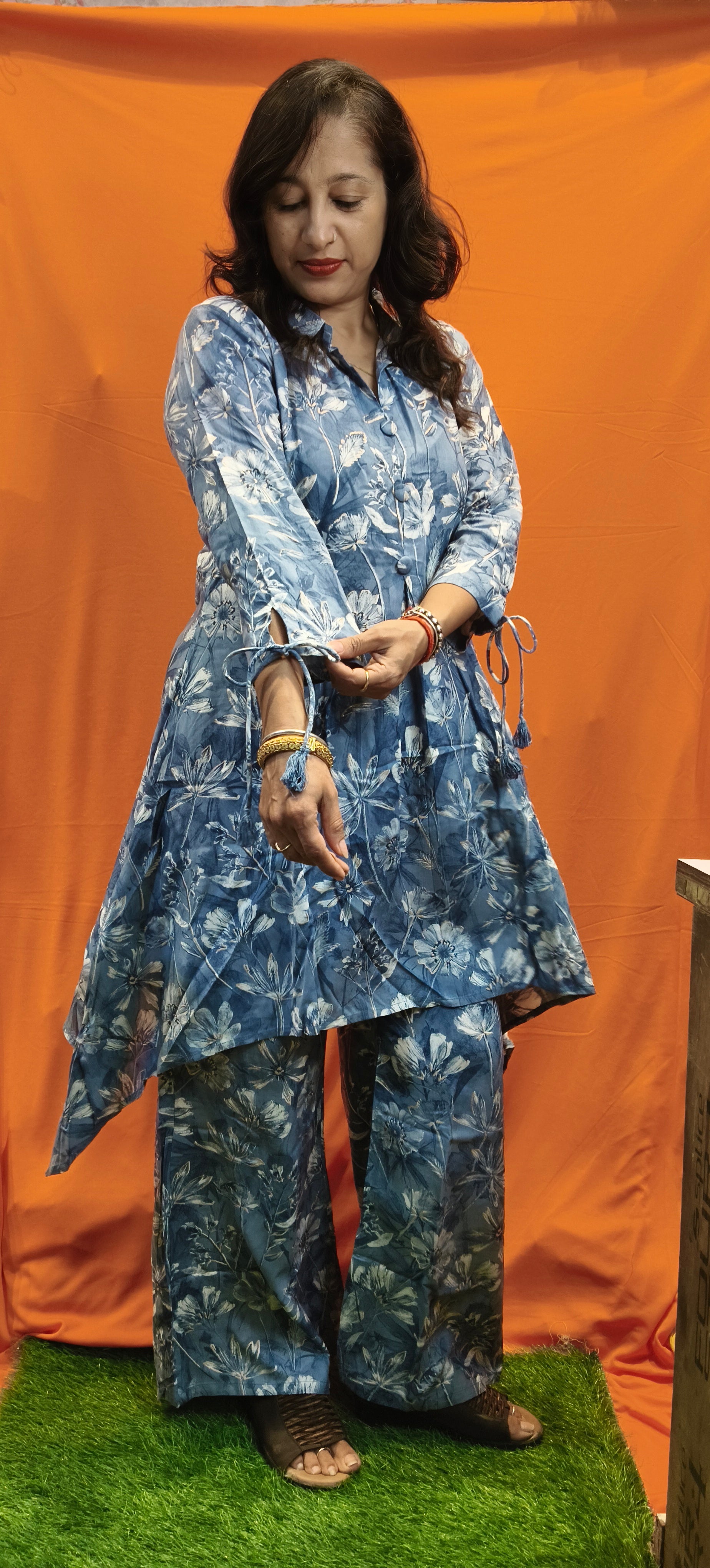 Blue and white co-ord set with buttons